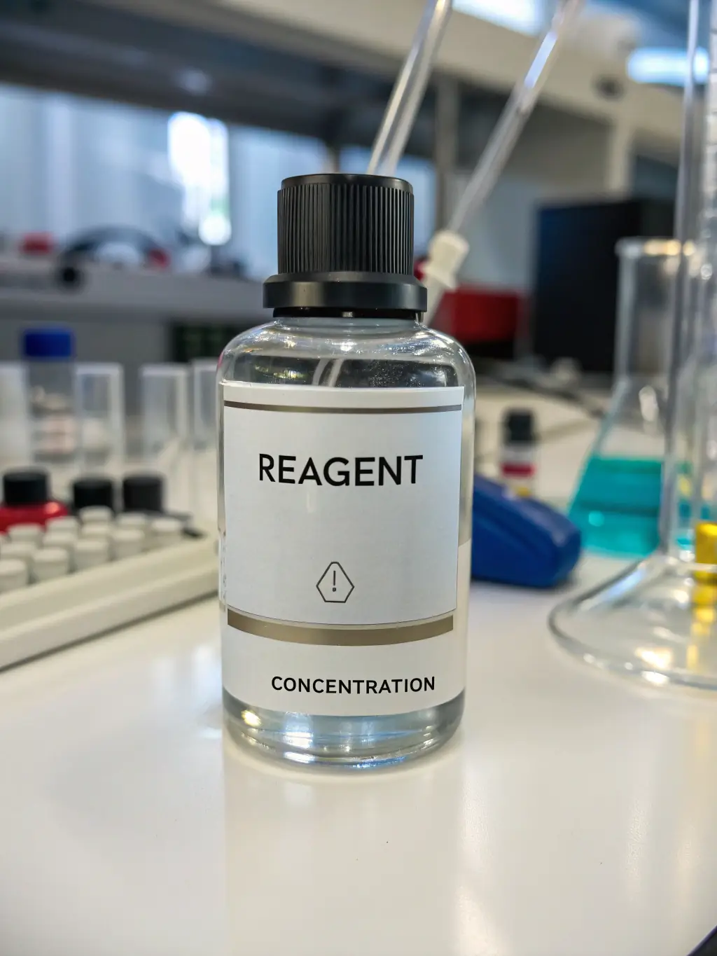 A portrait of a transparent laboratory bottle labeled 'Laboratory Grade Acetone', with safety warnings, set on a white surface under bright lighting, emphasizing clarity and purity.