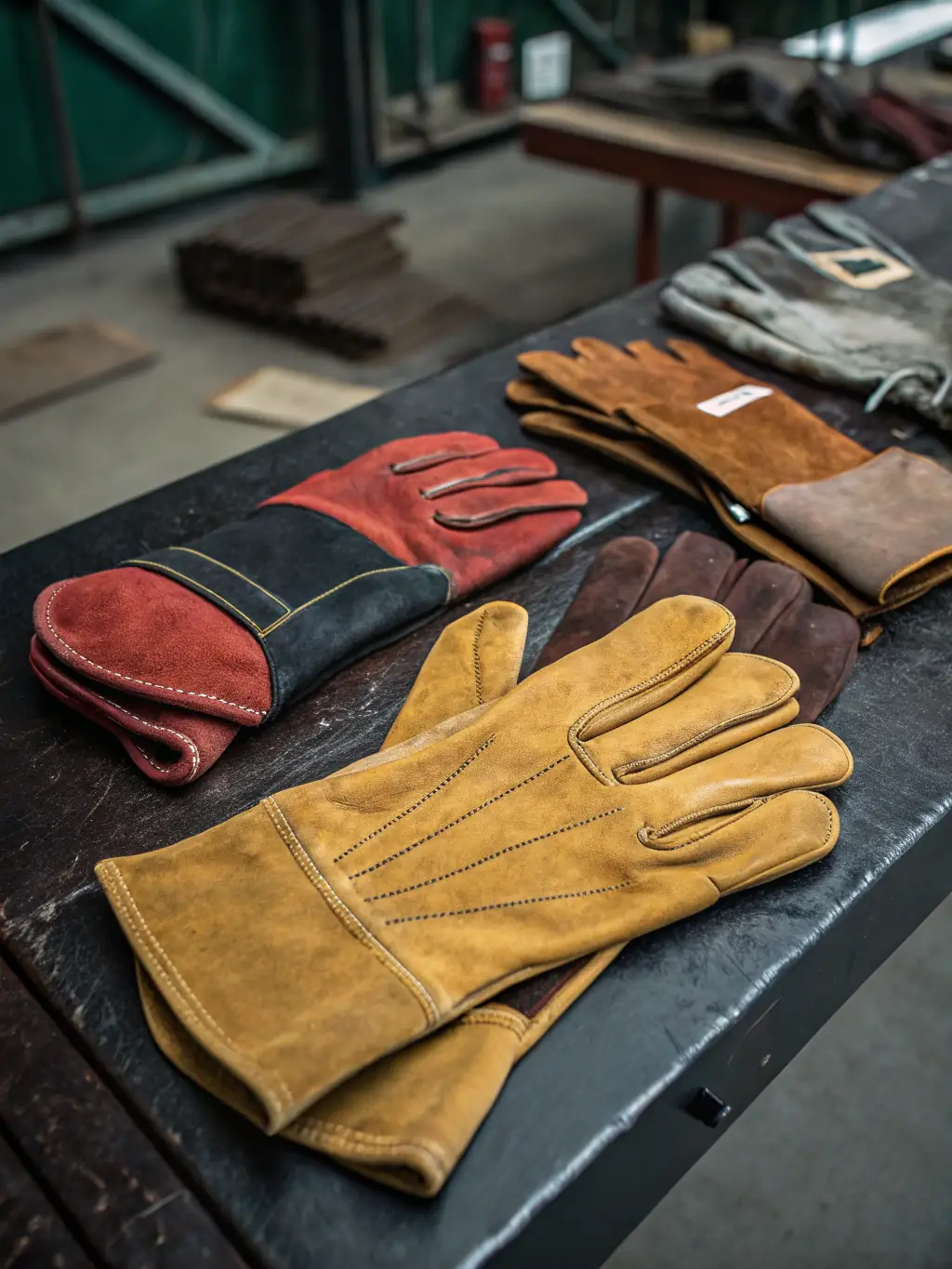 A detailed image of a pair of industrial-grade chemical resistant gloves, textured and slightly glossy, placed on a clean laboratory bench with chemical containers in the background.