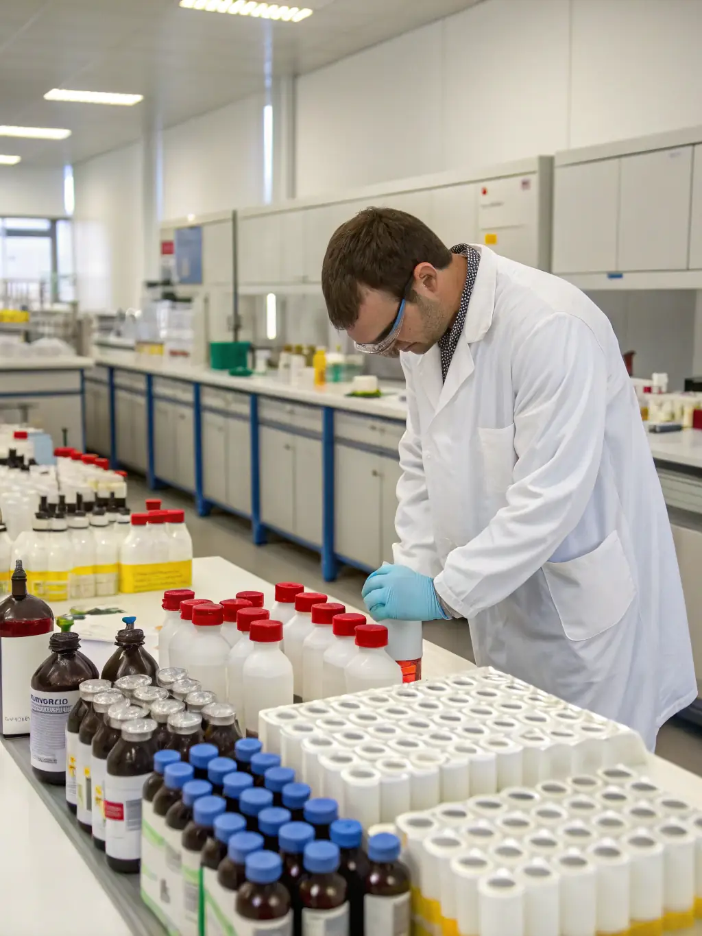 A close-up photo of a laboratory technician wearing gloves and safety goggles, inspecting a sealed container of high-purity sulfuric acid with visible hazard labels, in a modern lab environment.
