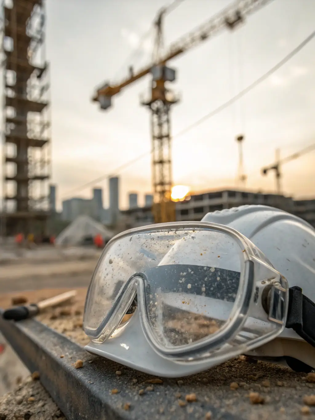 A close-up of transparent safety goggles with an adjustable strap, resting on a technical safety data sheet, highlighting their impact-resistant lenses and ergonomic design.